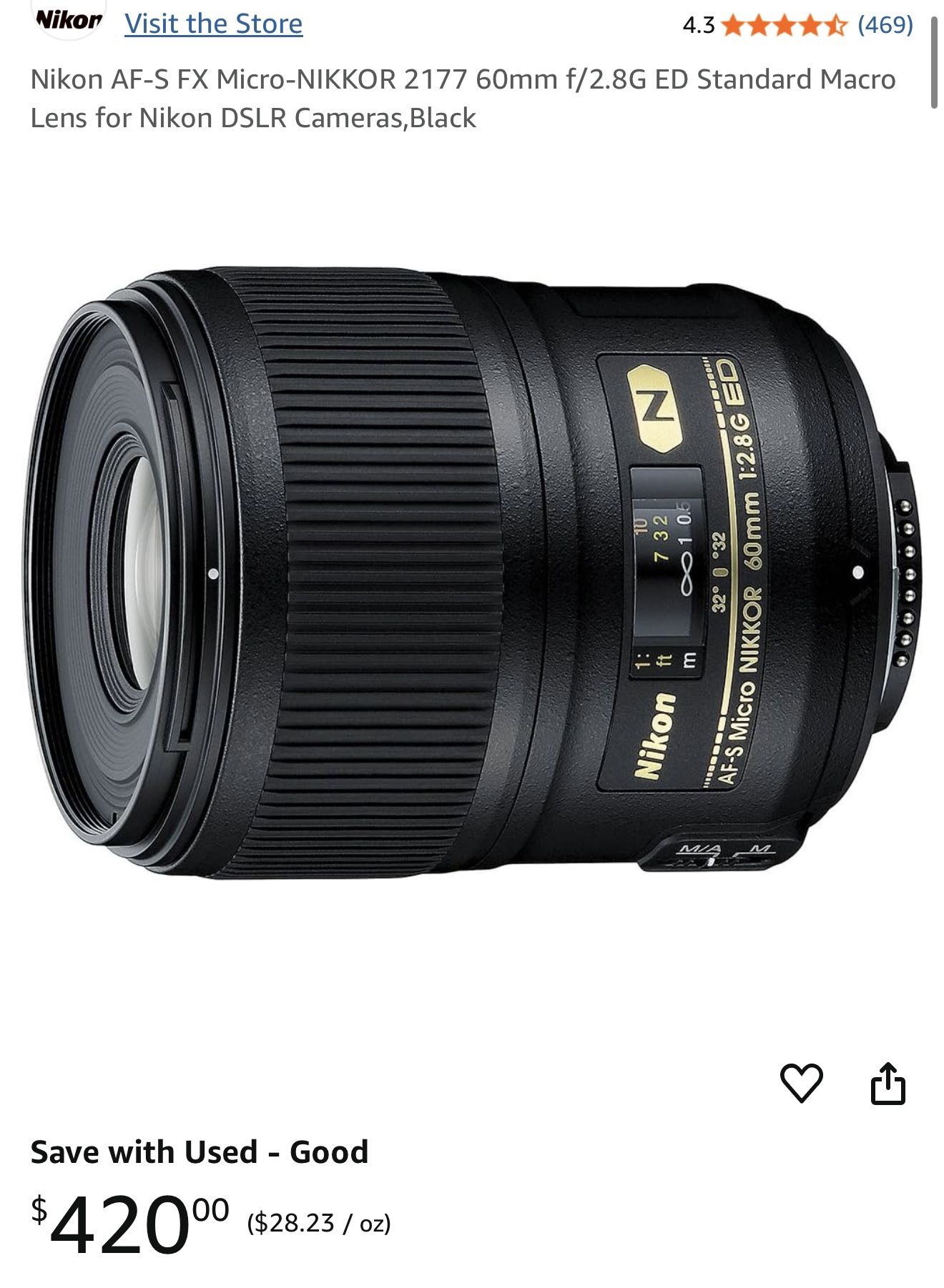 Nikon AF S FX Micro NIKKOR 60mm ED Standard Macro Lens for