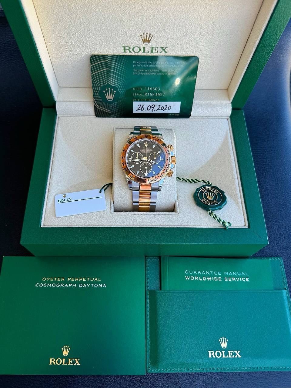 Rolex Daytona 18k Yellow Gold & Stainless Steel Black dial 116503 box and papers 2020 unpolished watch card box tags