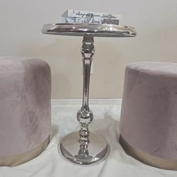 Modern Glam Living Room Set – Mirrored Coffee Table, Velvet Stools & Silver Accent Tables