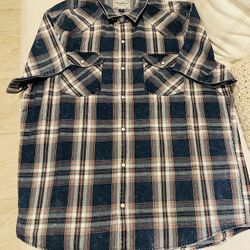 Men’s Desert Son Flag And Anthem Button Up  Blue Plaid Pearl Snap Button Western Shirt Size XL 