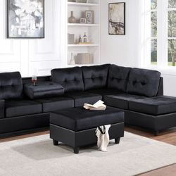 Heights Black/Black Reversible Sectional with Storage Ottoman (couch Sofa Loveseat Options 