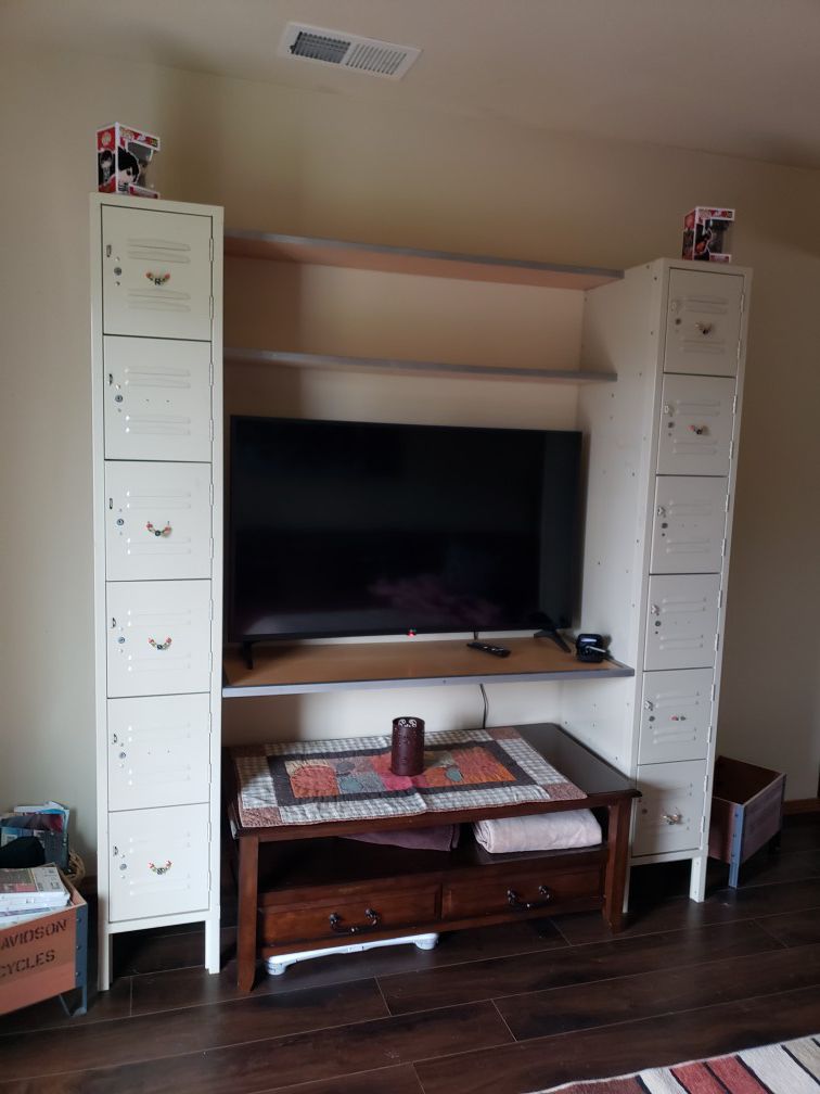 Desk with storage lockers and shelves or TV stand