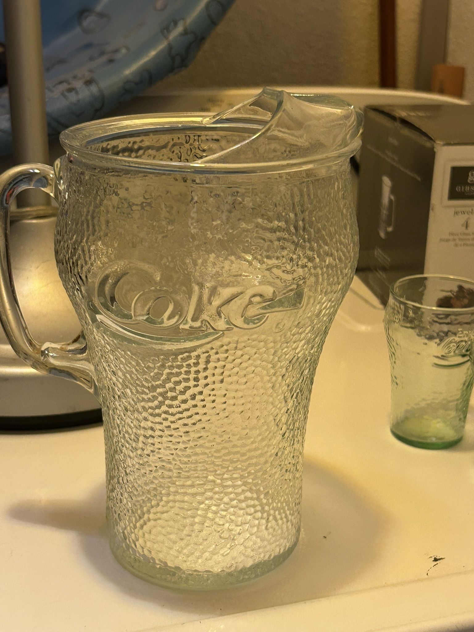 Vintage Green Glass Embossed Coca Cola Beverage Pitcher Coke Collectible
