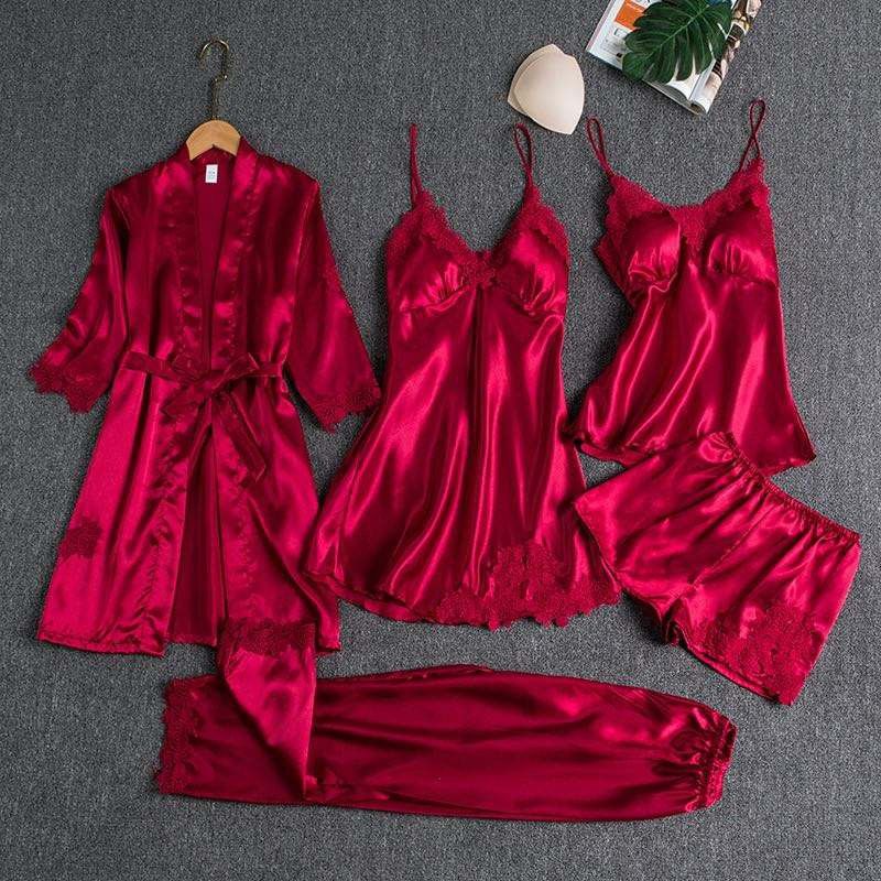 5 Pcs Set Of Sleepwear Nightgown Robe Silk Satin Women's Ladies Pajamas.
