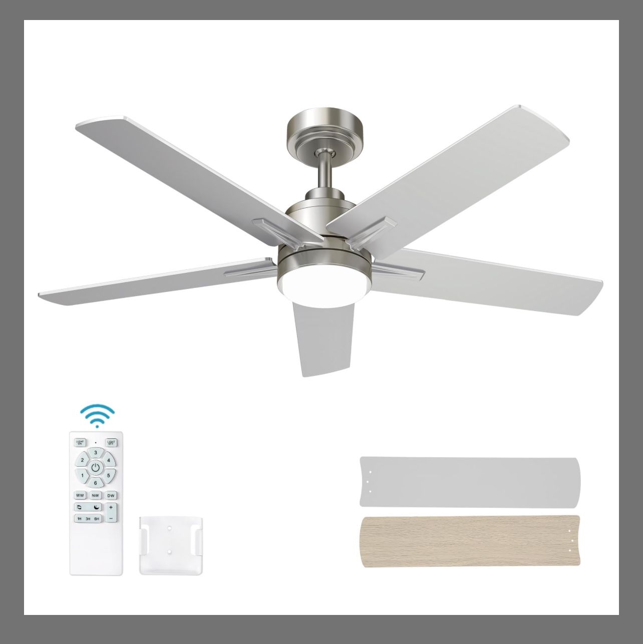 52 Inch Nickel Ceiling Fan With Dimmable 3 Color Temperature LED