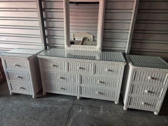 White Wicker Bedroom Set with Dresser, Mirror, and Two Nightstands All With Glass Tops