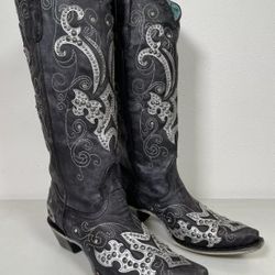 Women’s Corral Boots Black Overlay Embroidery Studs Crystals Handmade Size 12 A3637