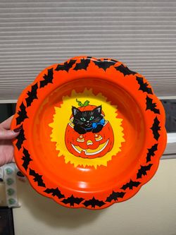 Vintage Berman Industries Halloween Candy Bowl Dish Black Cat Pumpkin Bat - Dark
