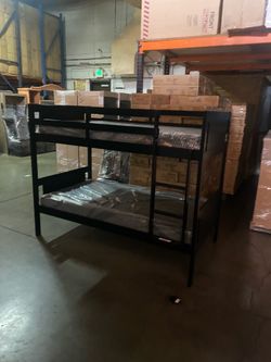 Twin bunk bed. Available in espresso, white, & grey. Bunk bed only-$299. With mattresses-$450. Assembly required. Assembly not included. Tax included.