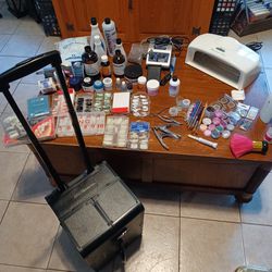 Huge Nail lot. Nail dermal machine with foot pedal, thermal gel light, rolling finger nail polish case with handle, ton of acrylic nails, brushes, too