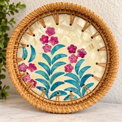 14” Boho Floral Mother of Pearl Style Decorative Plate Woven Rattan Wall Decor