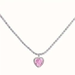 Pink Rhinestone heart necklace. Silver tone necklace. birthday, Women's necklace. Cadena