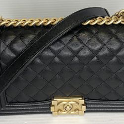 Authentic CHANEL Boy Flap Quilted Caviar Medium Bag Black Gold