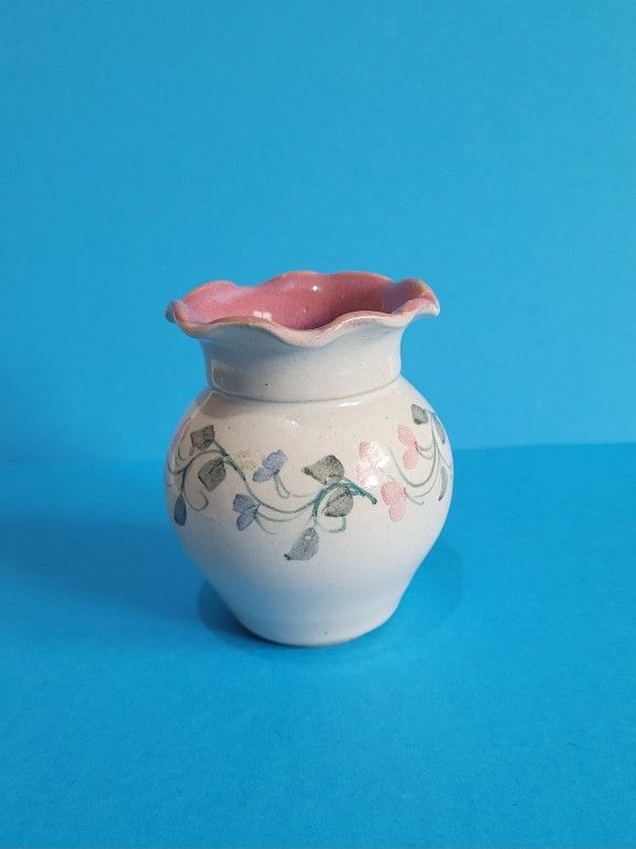 Mini Vintage Porcelain Miniature Vase Hand Painted White/Pink 1989 ~ Signed