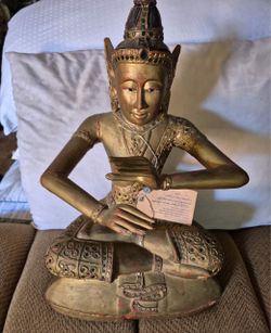 Large Thai Carved Wood Celestial Dancer Deity Sculpture – Gilt Polychrome Glass Inlay – Thailand Export Tag