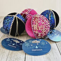 Set of 4 Fantasia Blue and Hot Pink 3.5" Round Velvet and Sequined Covered Christmas Tree Ornaments Styrofoam Jester Balls. New with Tags! 

Makes a g