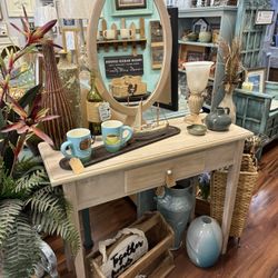 Beautiful Rustic Wooden Vanity Table with Oval Mirror and Storage Drawer Light Wood with Whitewash