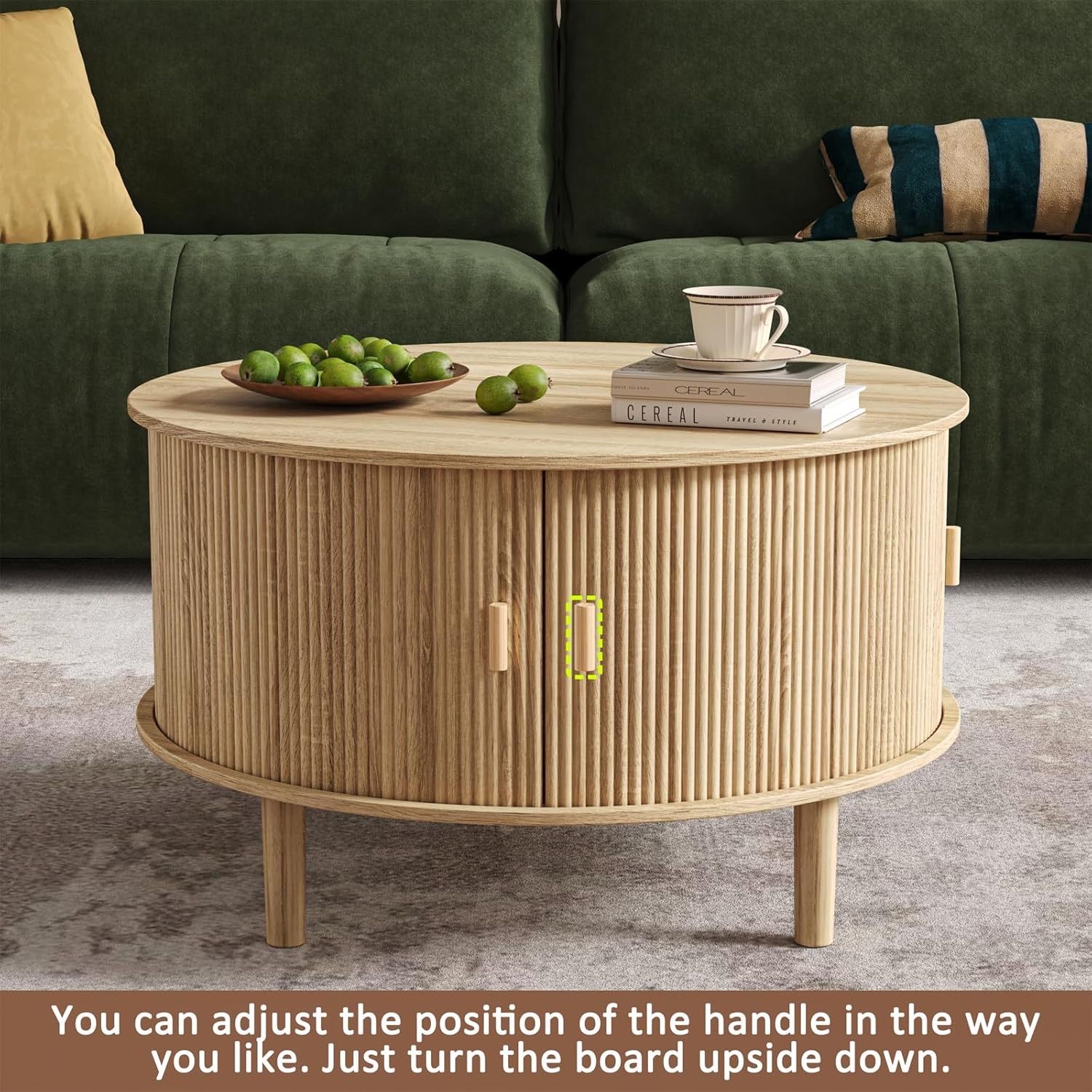 Round Coffee Table with Storage,Fluted Table with 360°Curved Sliding Doors,Solid Wood Legs, Mid Century Modern Center Table for Living Room,Apartment,