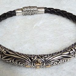 Balinese Artisan Bracelet ID DS 925 Sterling Silver with 18K Black Leather