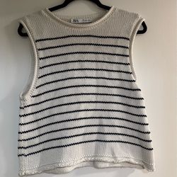 Zara Knit Sweater Vest Striped Cream Black Coastal Chic Minimalist