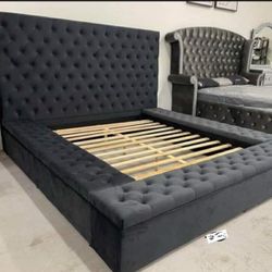 Velvet Tufted Black Lindenfield Queen Size Upholstered Storage Bed Frame🤩 New Brand 🆕 Fastest Delivery 💥 $39 Down Payment🏠