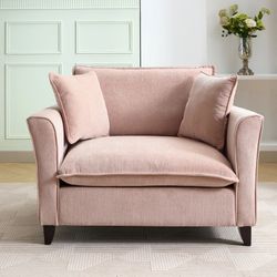 NEW Pink Chenille Oversized Armchair, Elegant Ruffled Armrests Accent Chair with 2 Pillows, Solid Rubberwood Legs