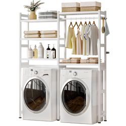 White Bamboo 5-Tier Over Washer Dryer Storage Shelf w Adjustable Shelves  Hooks