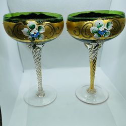 Rare Antique Bohemian Moser Green/gold Wine Glasses