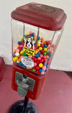 Vintage Oak Acorn Red Gumball Machine on Stand