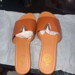 Tan Flat Slide Sandals with Gold V Hardware
