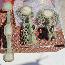 Antique Chinese Bronze White Jade Ruyi Scepter Ancient Buddhist or Daoist Rituals Good Fortune & Prosperity Symbol Spiritual Altar Decor.