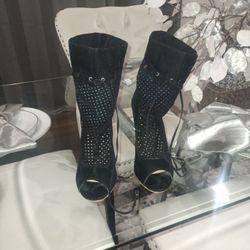 Black Mid Calf  Pull String  Heel