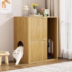 31.5-inch Light Wood Cat Litter Cabinet with Tree - Grooved Concealed Litter Furniture Featuring Dual Cat Doors and Storage Shelves, Versatile Pet Cab