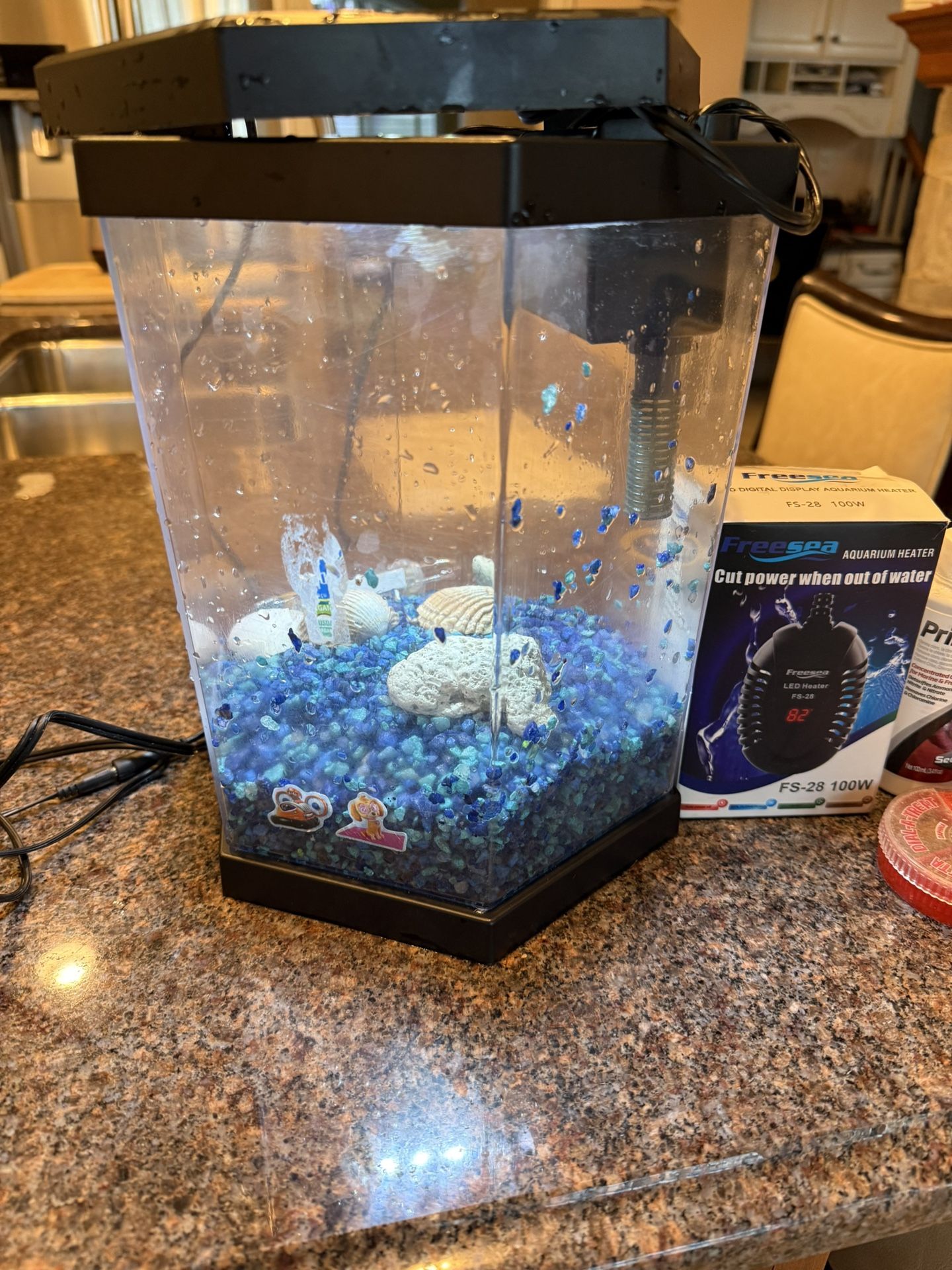 2 Gallon Aquarium For Beta Fish , Aquarium Heater , Filter Cartridges , Beta Food , Conditioner For Water. Beta Treats .
