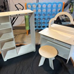 Kids Wooden Montessori Wardrobe and Vanity Table w/ Stool