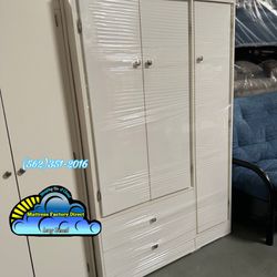 New Tall Jumbo White Wardrobe Closet With Shelves For Storage And Two Drawers 
