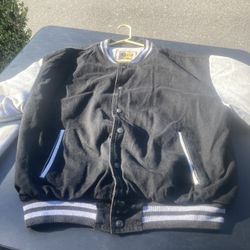 Champion Varsity Style Jacket With Denim Body and Lined Sweatshirt Sleeves. Black And Gray. Large 