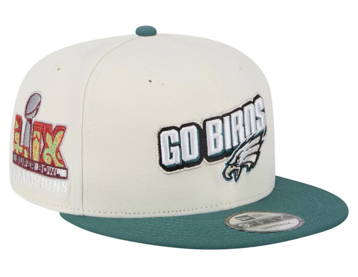 Men's New Era Cream/Midnight Green Philadelphia Eagles Super Bowl LIX Champions Side Patch Two Tone 9FIFTY Snapback Hat