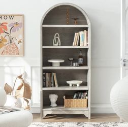 5-Tier Bookcase and Bookshelf- Natural Wood Veneers & Water Based Paint Finished- 71 Inch Arched Vintage Display Shelf for Living Room, Home, Office (