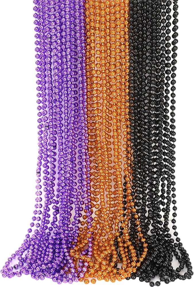 JULBEAR Bulk Halloween Beaded Necklaces, 30 Pieces Mardi Gras Black, Orange, Purple Beaded Necklace for Holiday Parties, Carnival Decorations, Accesso