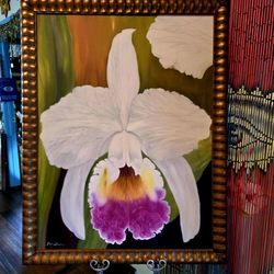 Vintage  Framed Oil On Canvas Signed Painting Titled "WHITE FLUFFY ORCHID" 44"×34"  