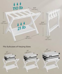 SONGMICS Luggage Rack Folding Suitcase Stand w/ Storage Shelf Set of 2 - White