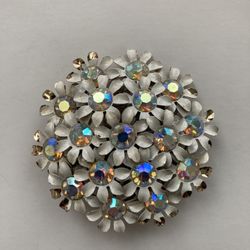Vintage MCM Enameled Floral Spray Rhinestone Brooch Pin Mid -Century Modern