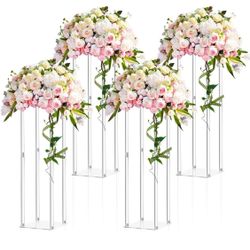 4 Pieces 28 Inch Tall Acrylic Vase Wedding Centerpieces Clear Flower Stand Column Geometric Floral Vase Elegant Display Holder for Birthday Party Wedd
