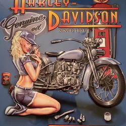 Harley-Davidson Metal Advertising Sign A Mechanic Girl Is Sitting Near A Harley