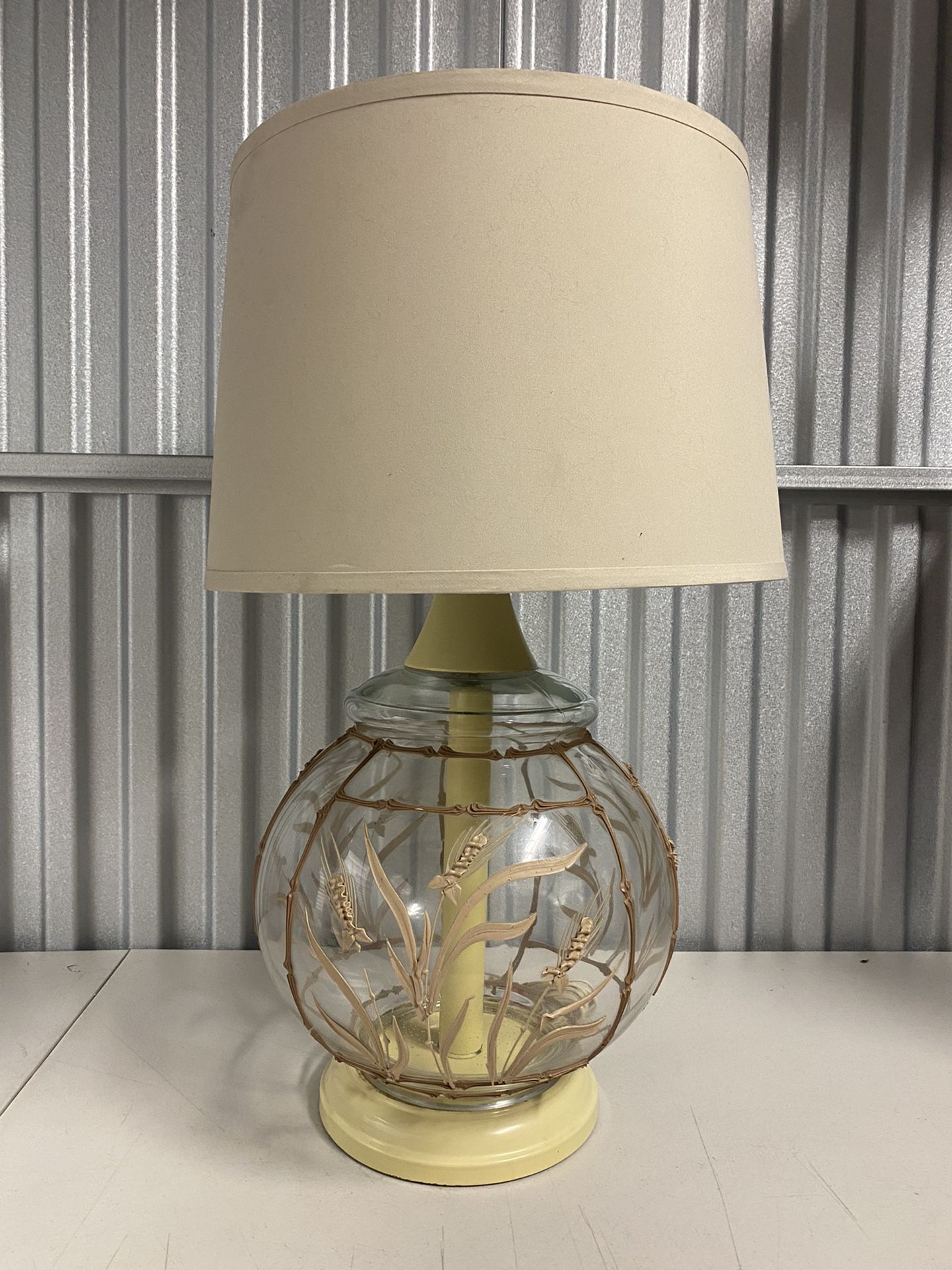 Vintage Round Glass Table Lamp W/ Bamboo Art 24” Tall 