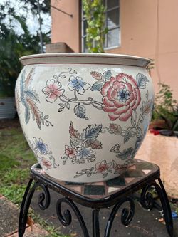 Large Ceramic Floral Fishbowl Planter