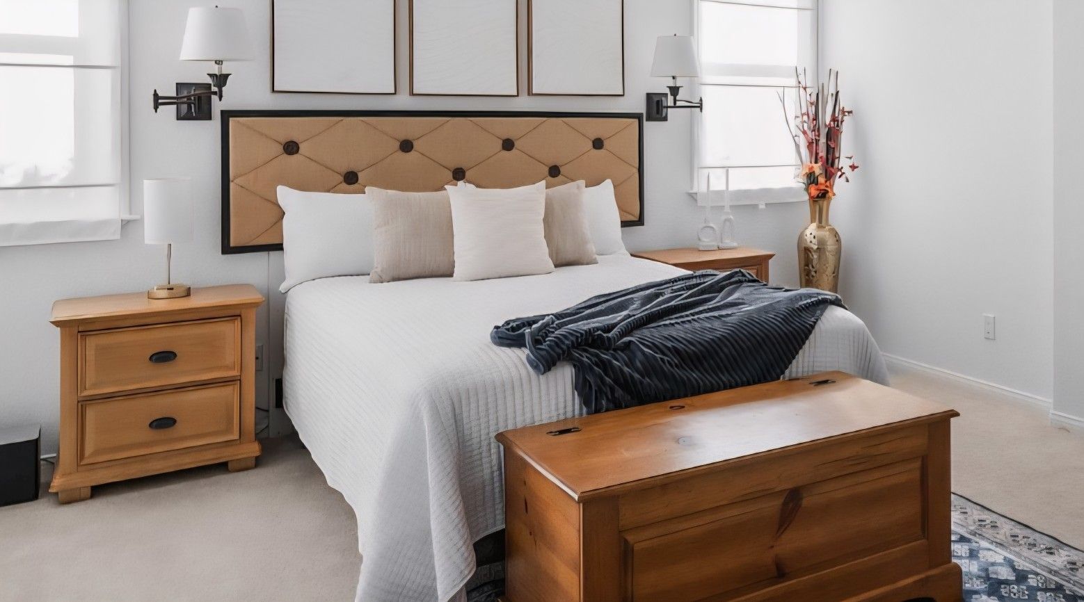 Queen Bed With Frame, Headrest, Mattress, And Nightstand