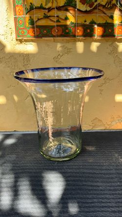 Large Clear Glass Vase with Cobalt Blue Rim