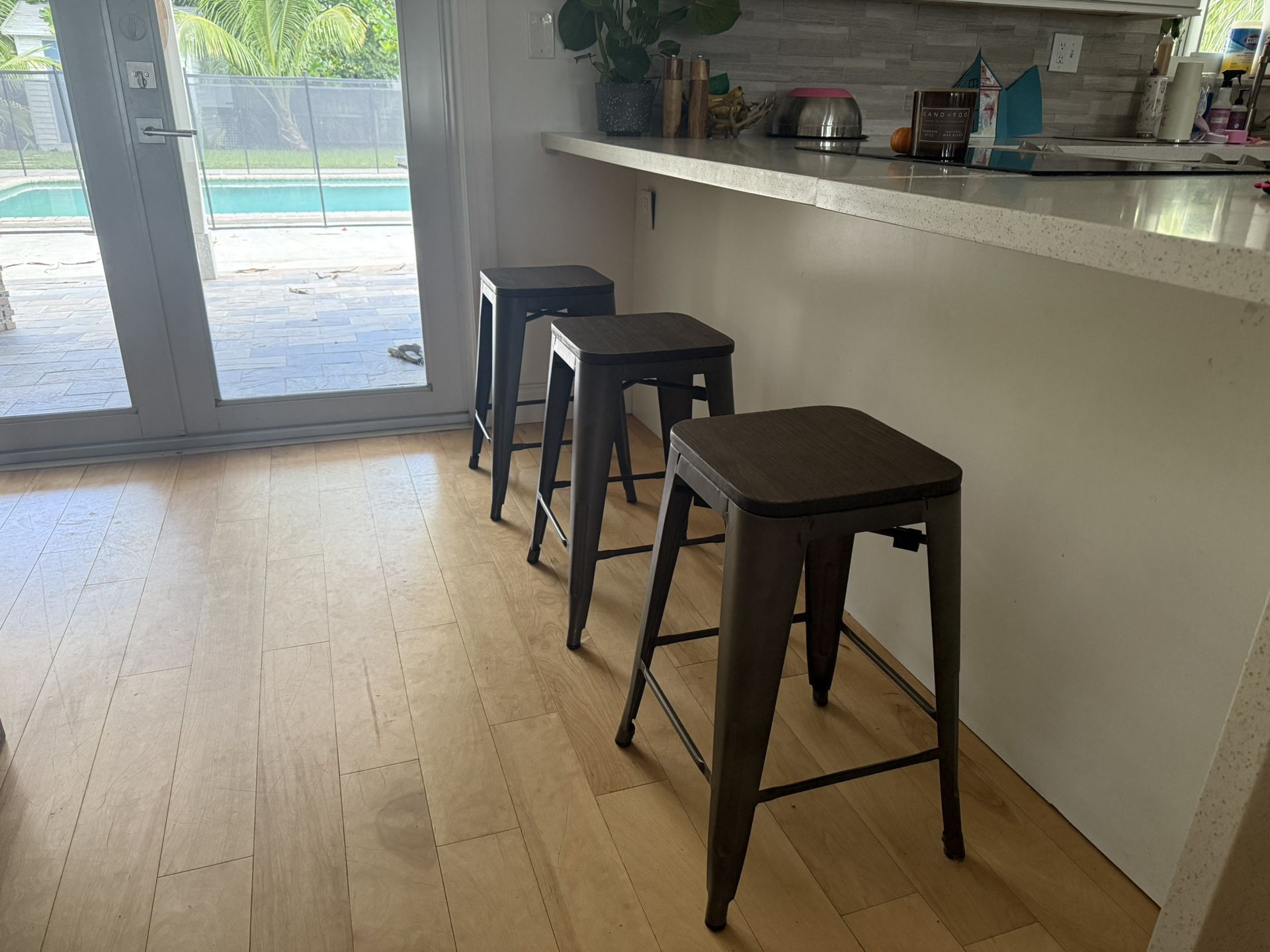 Set of Rustic Wood & Metal Stools (price for all 3)